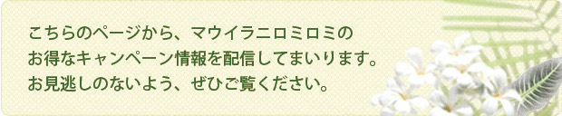 こちらのページから、マウイラニロミロミのお得なキャンペーン情報を配信してまいります。お見逃しのないよう、ぜひご覧ください。